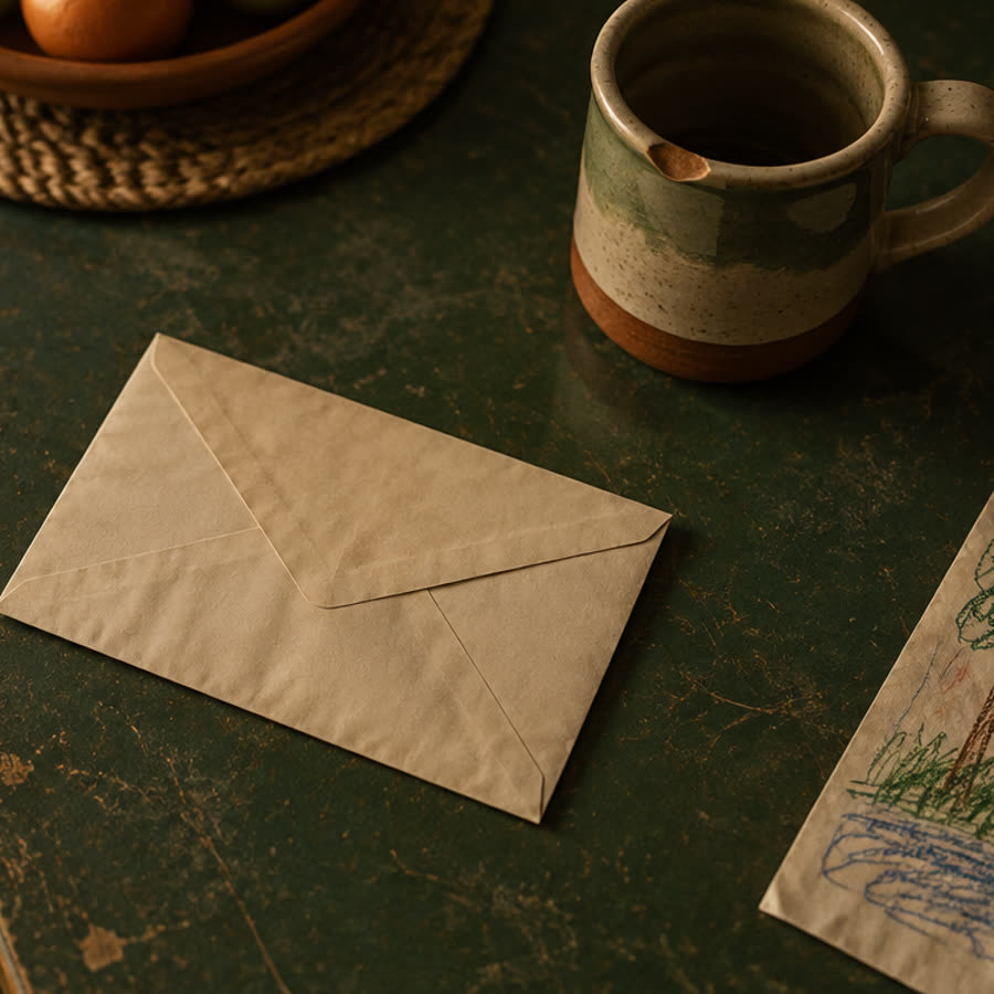 A sealed envelope face down on a worn green kitchen table beside a chipped mug
