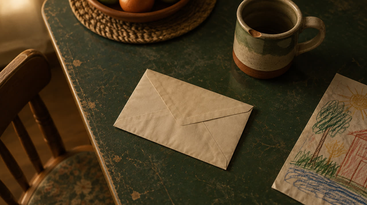 A sealed envelope on a worn green kitchen table