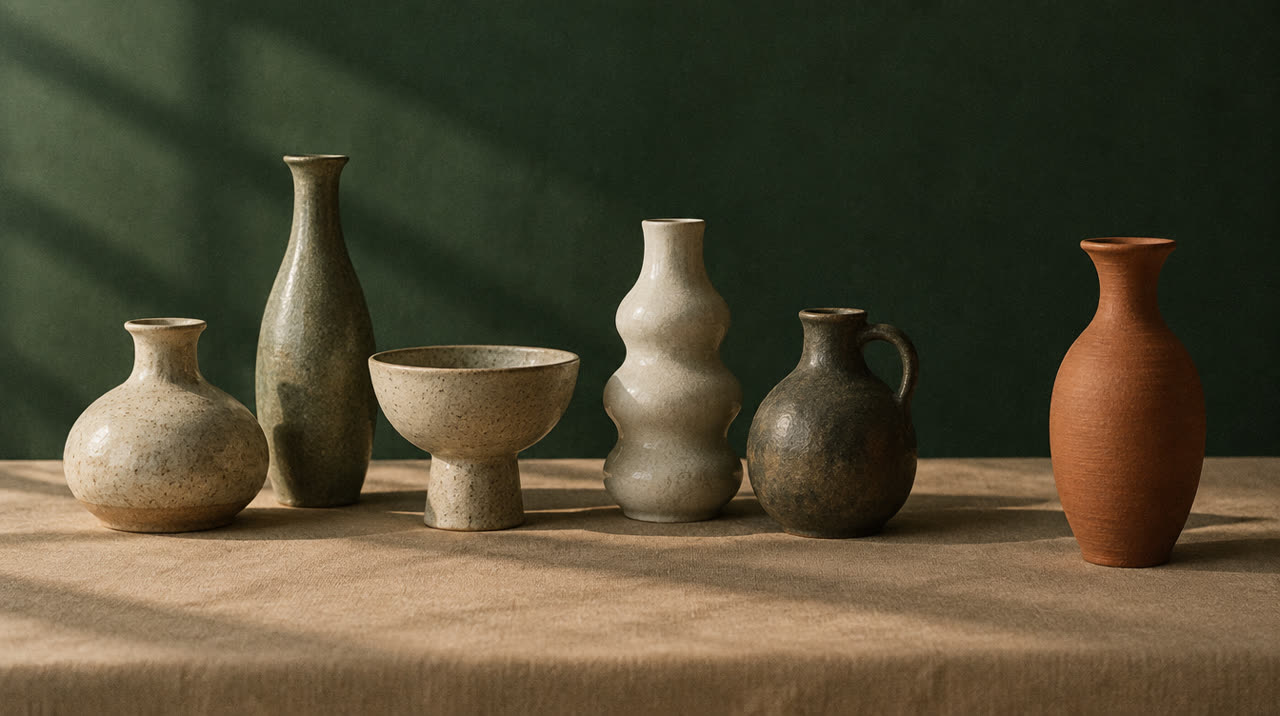 Six hand-thrown ceramic vessels of different shapes in a row, one terracotta vessel standing apart