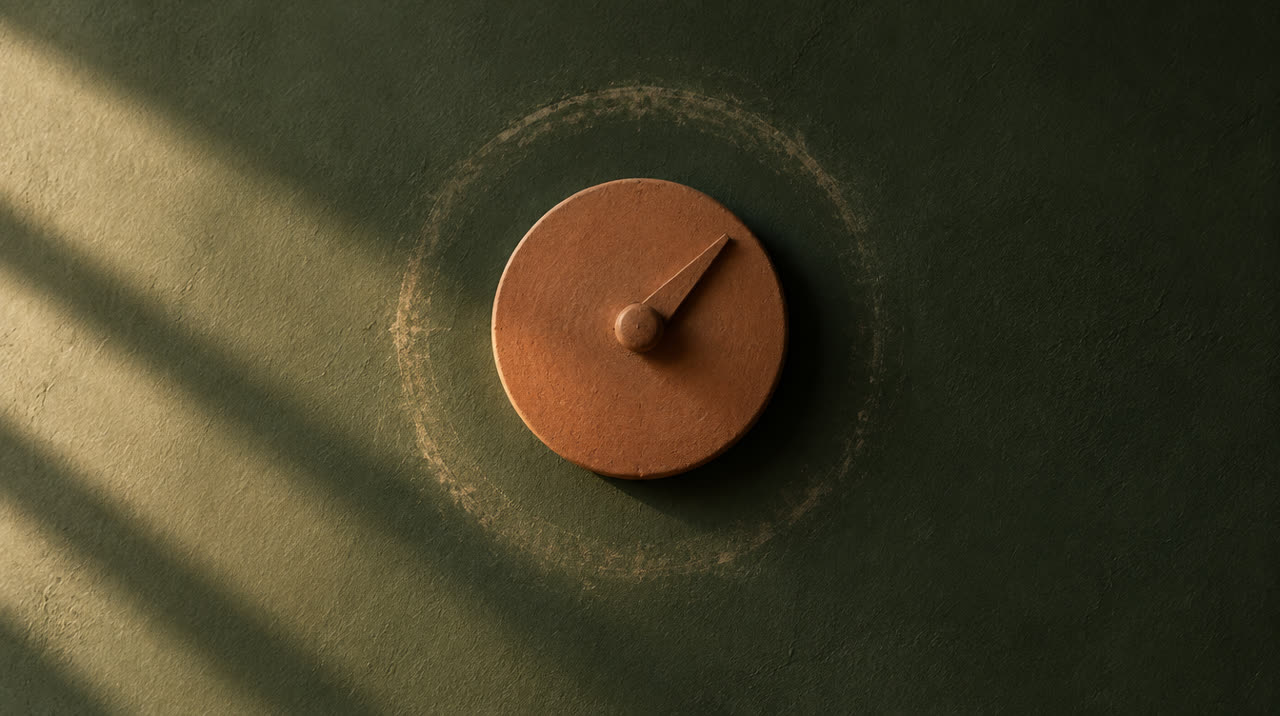 A terracotta dial on a green plaster wall with a worn ring around it