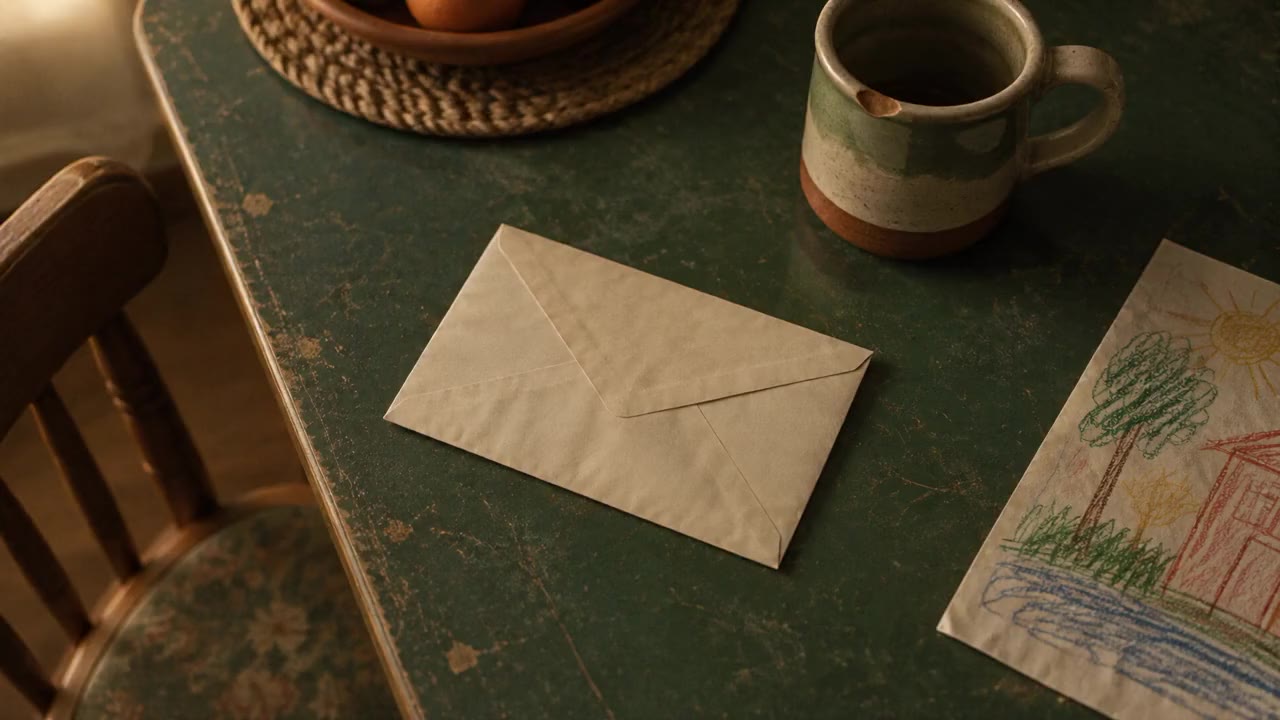 A sealed envelope face down on a worn green kitchen table beside a chipped mug and a child's crayon drawing